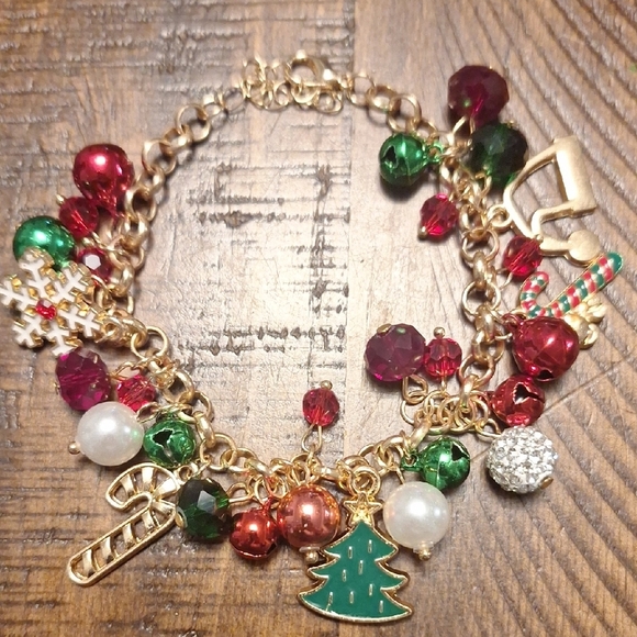 Festive Gold Charm Bracelet with Red and Green Accents And Bells - Picture 5 of 5